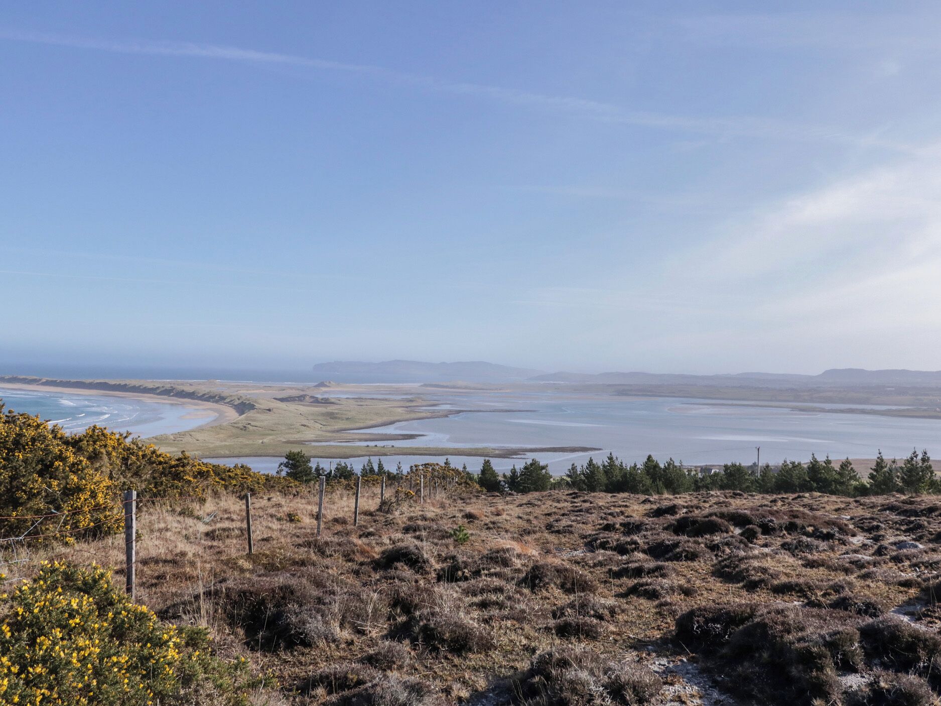 A coastal landscape with dry grass, sparse trees, and a distant view of the ocean and hills.