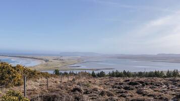 A coastal landscape with dry grass, sparse trees, and a distant view of the ocean and hills.