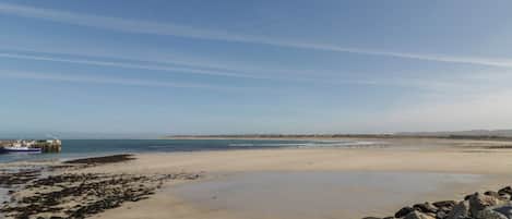 Paisagem costeira com uma praia arenosa, linha de costa rochosa e uma embarcação distante visível em terra.