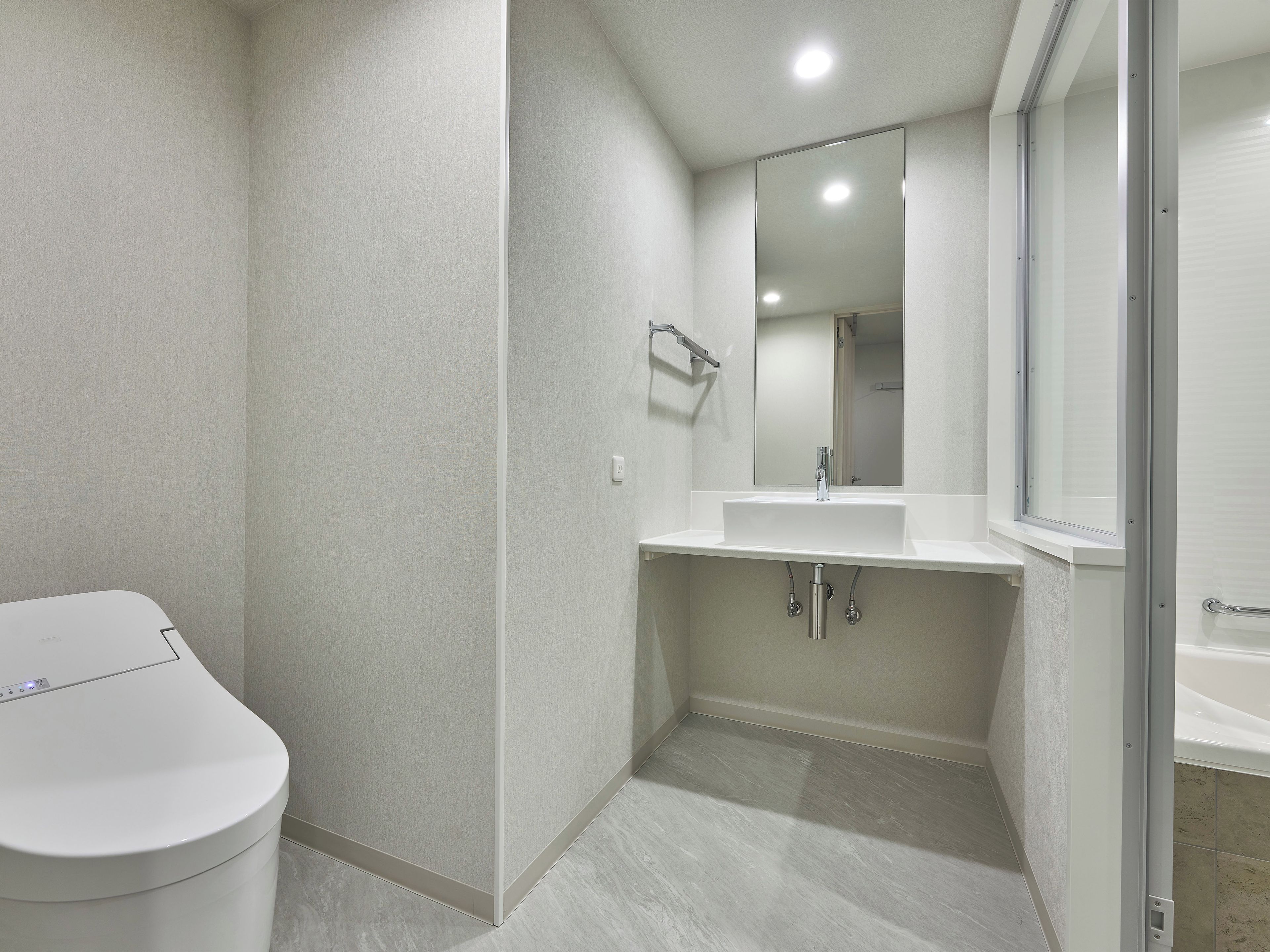 A modern bathroom with a toilet, sink, and mirror.