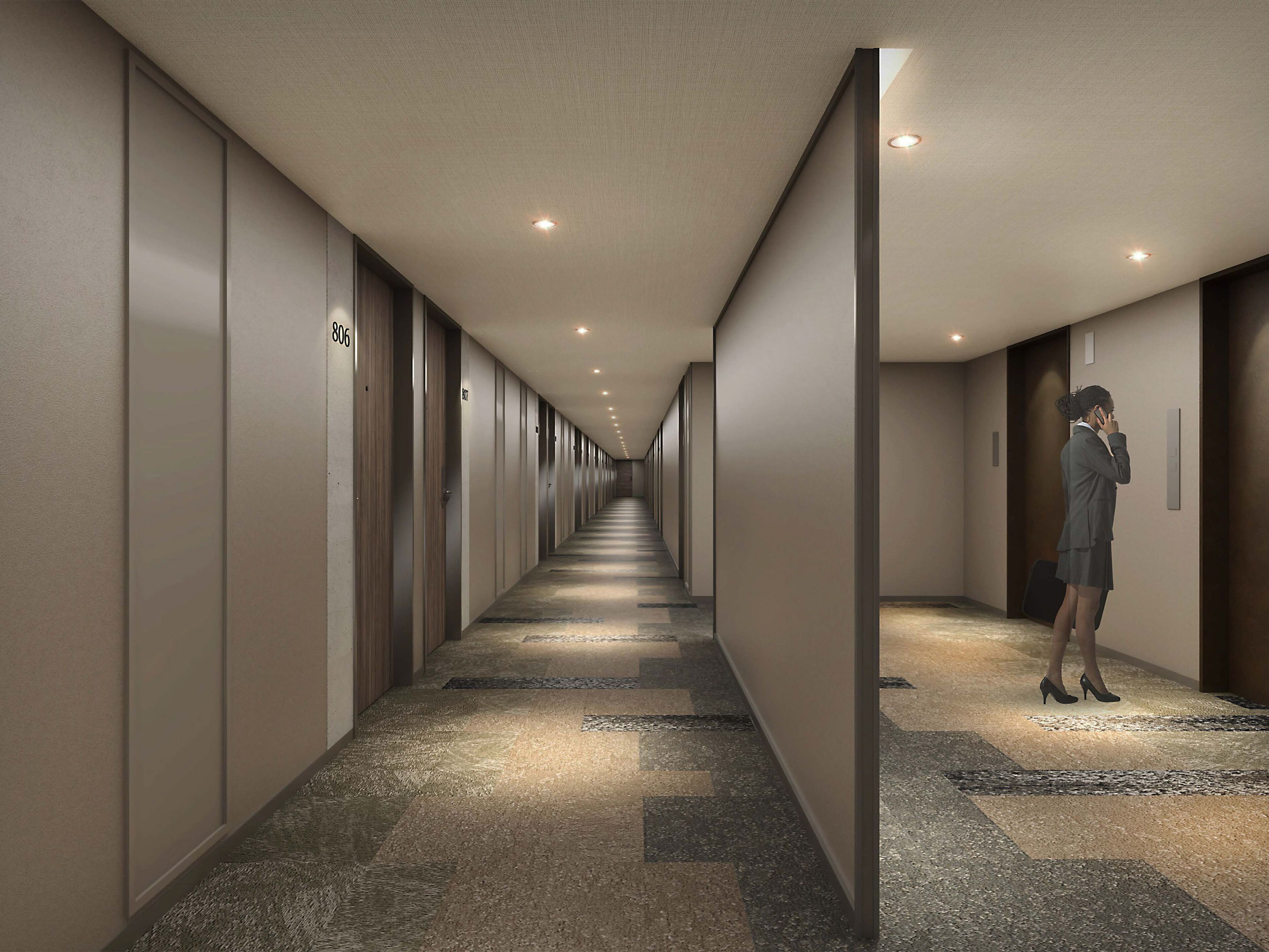 A hotel hallway with a carpeted floor, doors numbered 806 and 807, and recessed lighting.