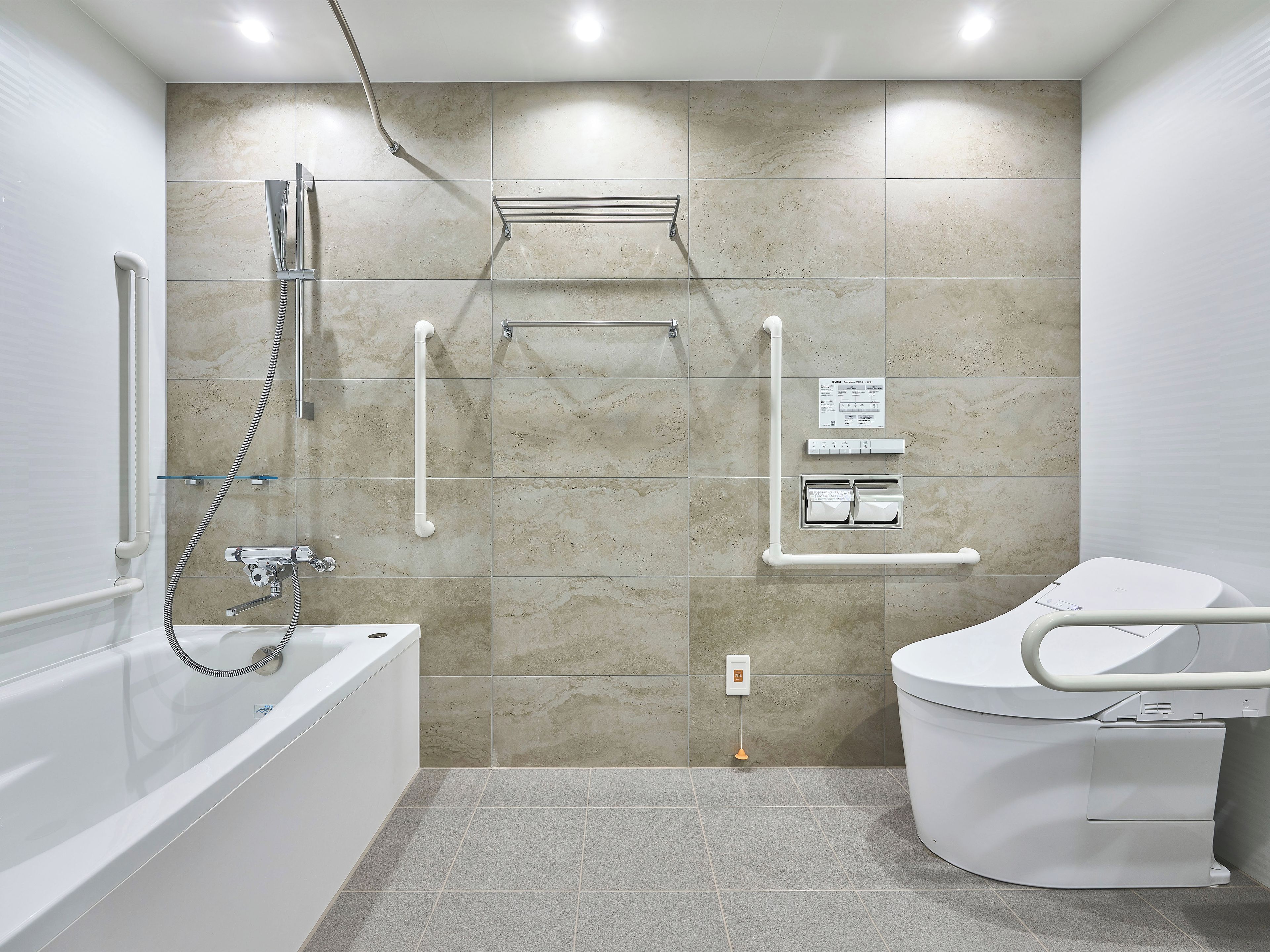 A modern bathroom with a bathtub, a shower, and a toilet.