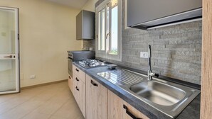 Een moderne keuken met een gasfornuis, een roestvrijstalen spoelbak en houten kastjes.