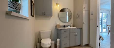 Hair dryer, towels, soap, toilet paper