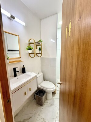 Dusche, Haartrockner, Handtücher, Seife