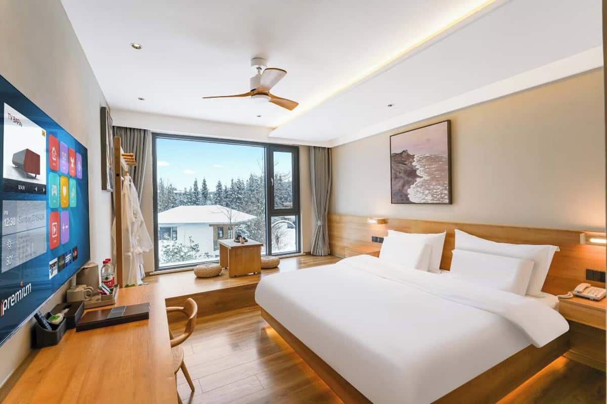 A hotel room with a large bed, a desk with a TV, a ceiling fan, and a window with a view of trees.