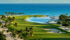 Un campo de golf con un obstáculo acuático, palmeras y vista al océano.