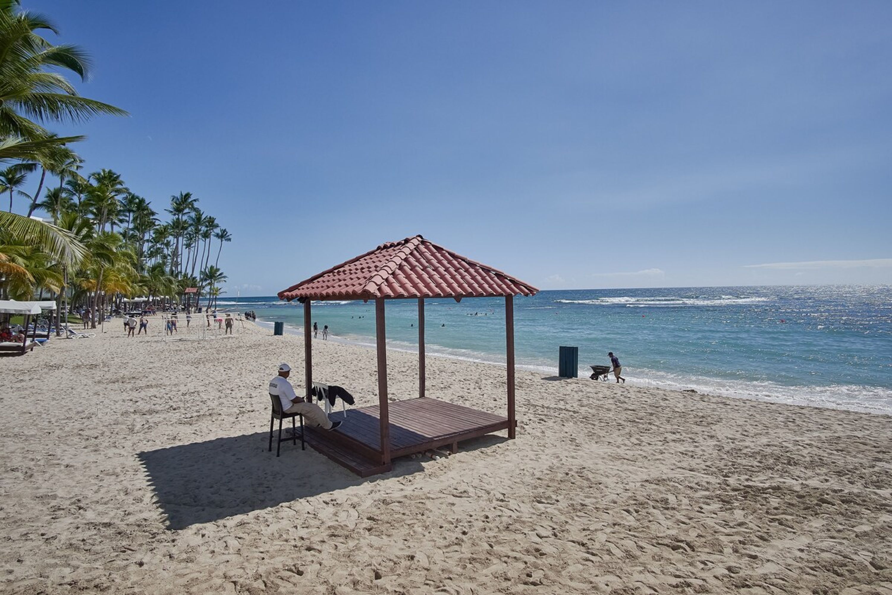 A beach with a wooden gazebo, palm trees, and the ocean.