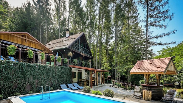 Une piscine avec une terrasse en bois, un espace salon couvert et un bâtiment doté d’un toit en pente, le tout entouré d’arbres.