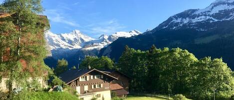 A chalet with a mountain view, surrounded by greenery and a clear sky.