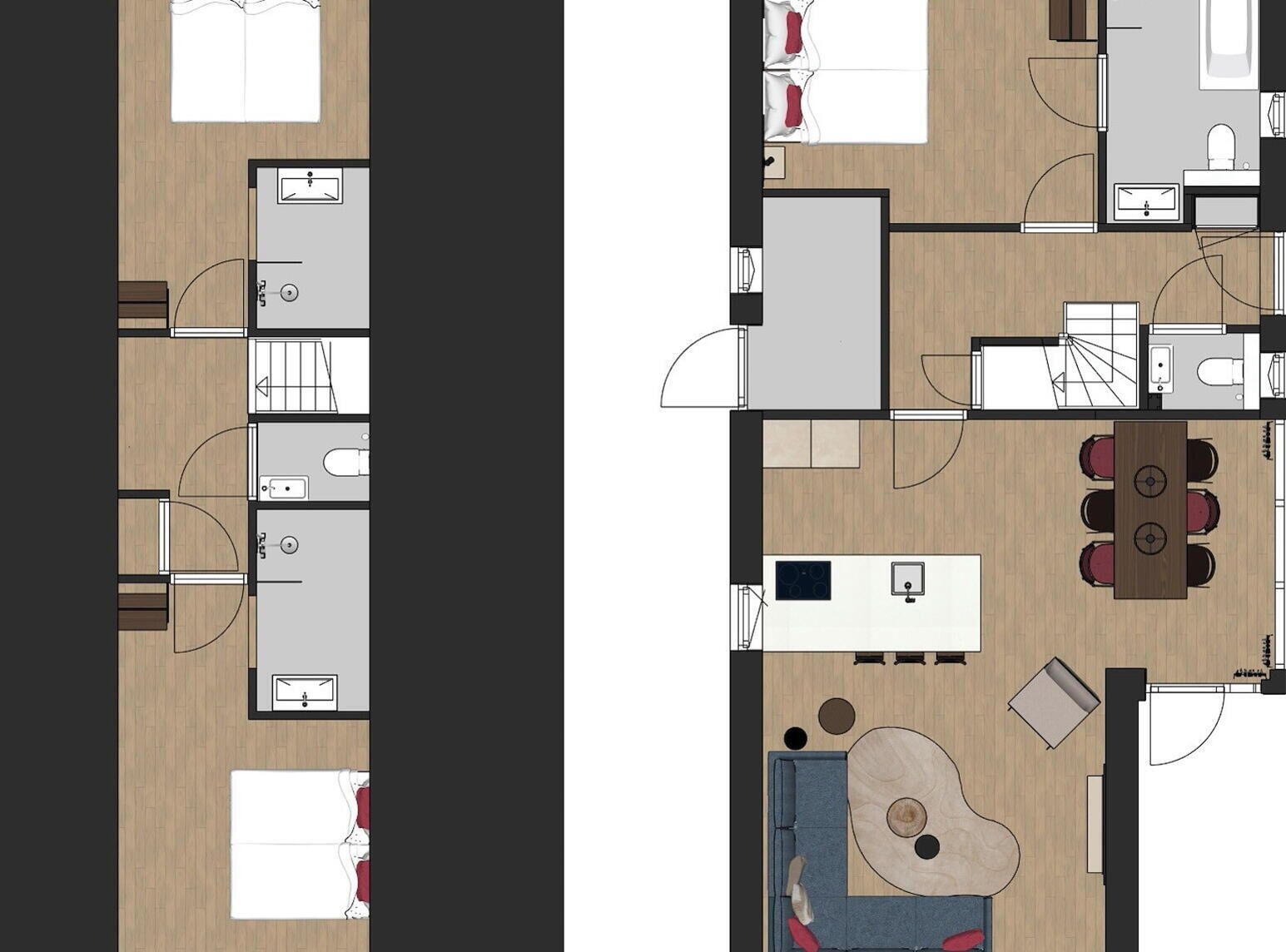 A floor plan of a hotel room with a bed, a desk, a chair, a small table, and a bathroom.