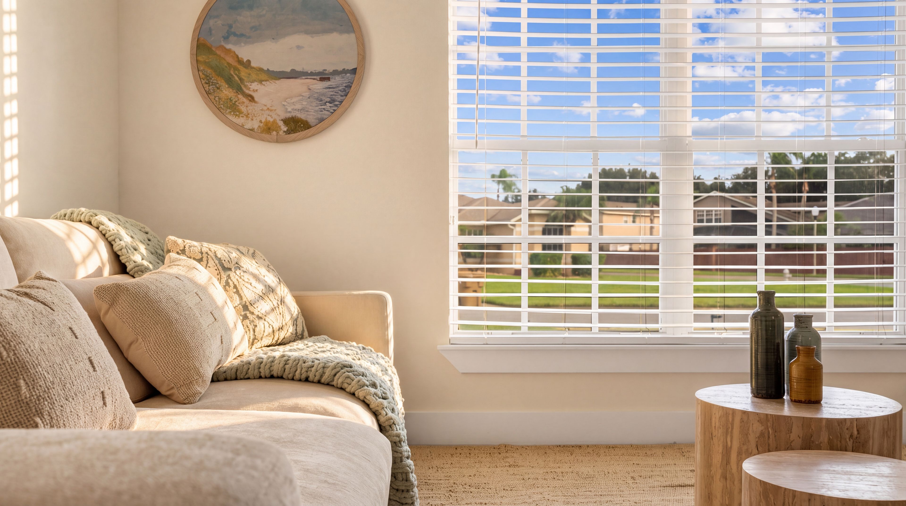 Una habitación con un sofá color beige, un cuadro redondo, una ventana con persianas y una pequeña mesa de madera con dos botellas.