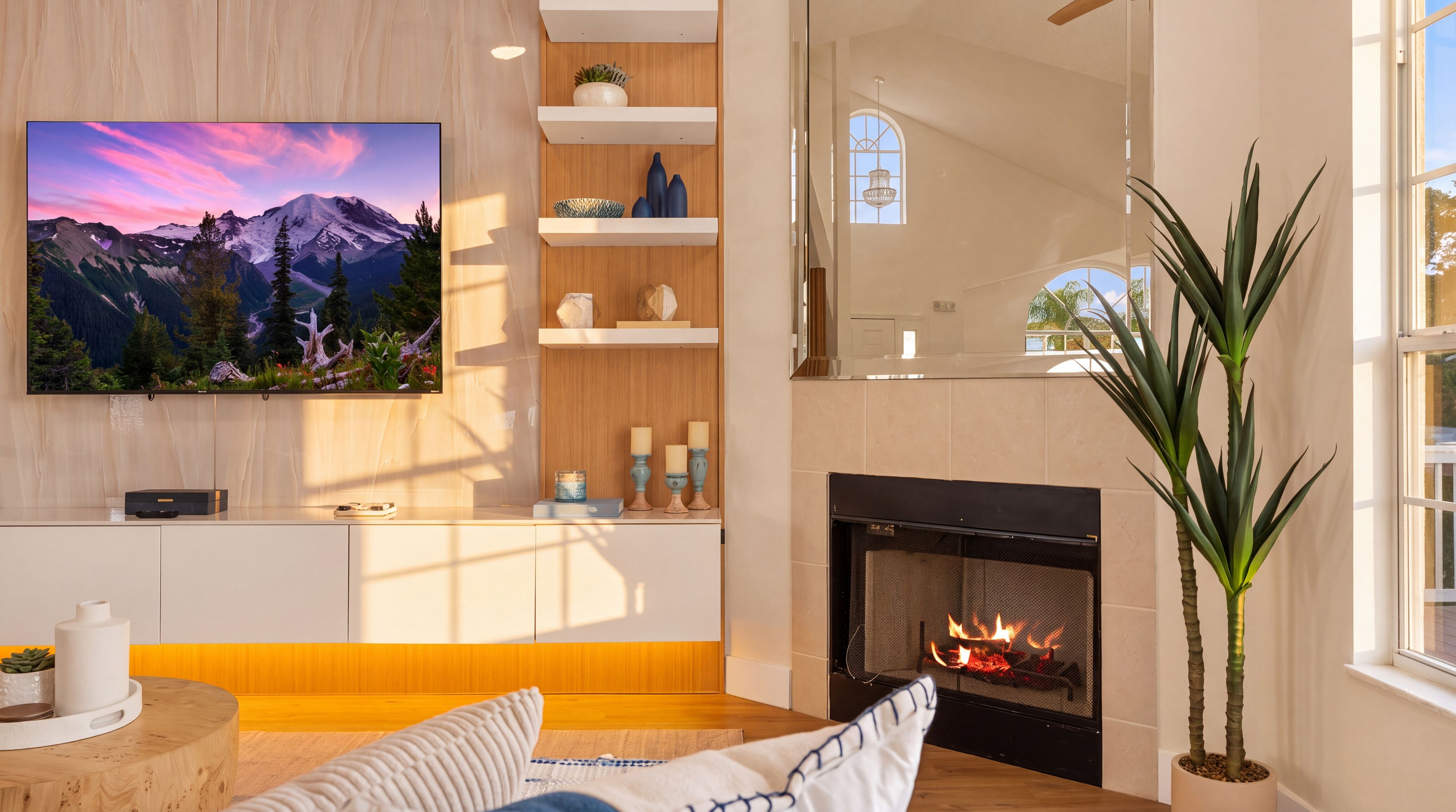 A modern living room with a fireplace, a television mounted on the wall, and a large window.