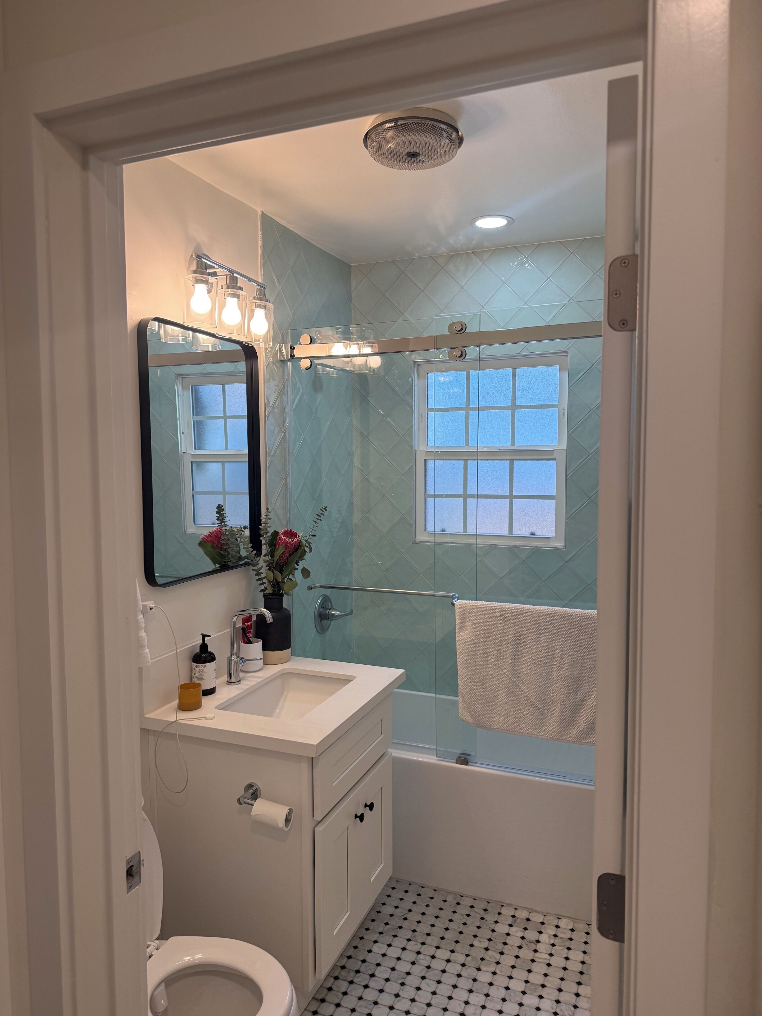 Hair dryer, bidet, towels, soap