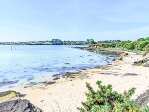 Une plage côtière avec une eau claire, un rivage sablonneux et une végétation luxuriante.