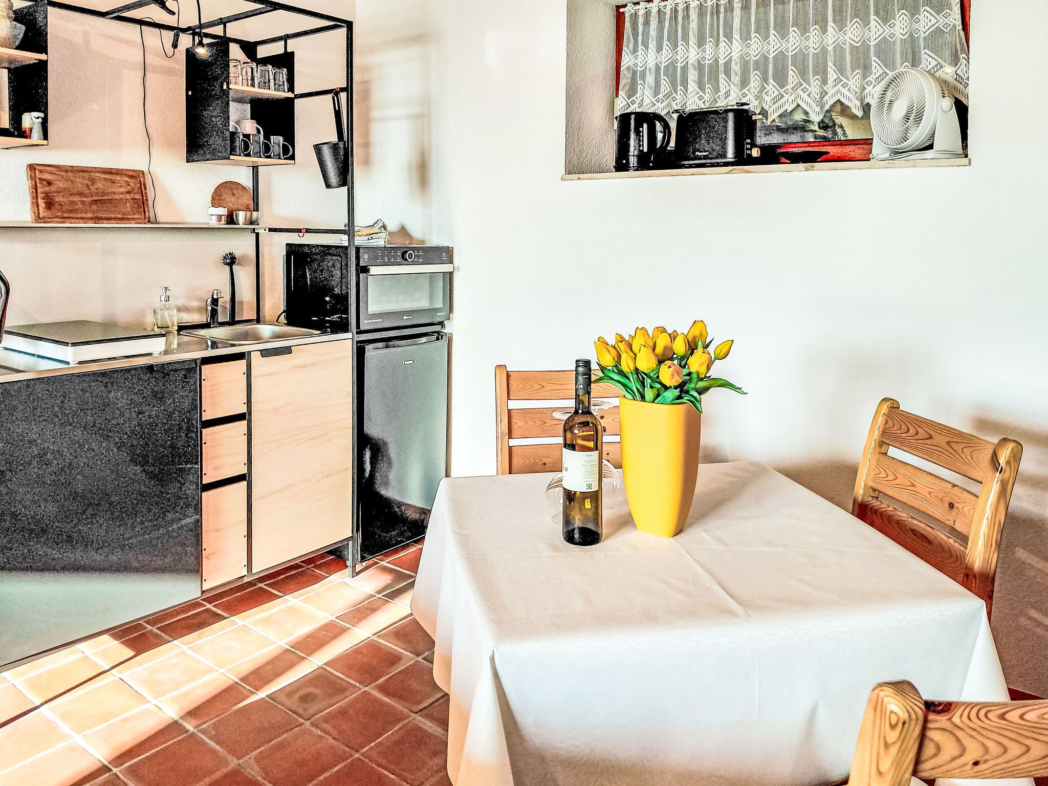 Fridge, microwave, cookware/dishes/utensils