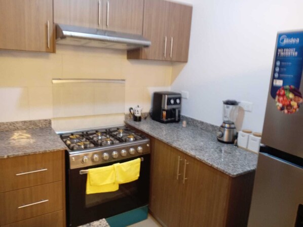 Fridge, oven, stovetop, coffee/tea maker