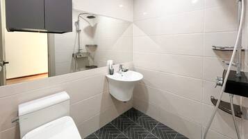 Un bagno piccolo ma funzionale, con WC, lavabo e doccia.