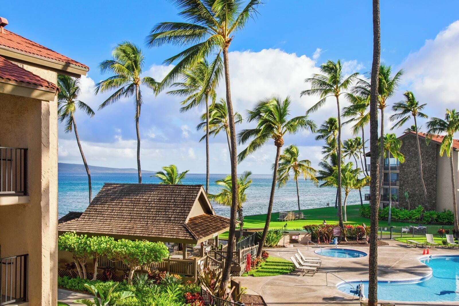 A resort with a pool, palm trees, and a view of the ocean.