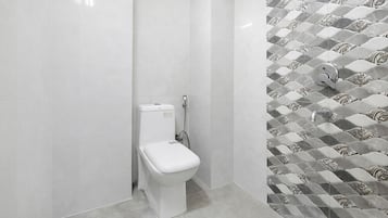 Shower, towels, soap, toilet paper