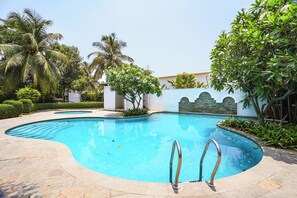 Una piscina de borde curvo, rodeada de palmeras y un muro blanco con diseño de piedra.