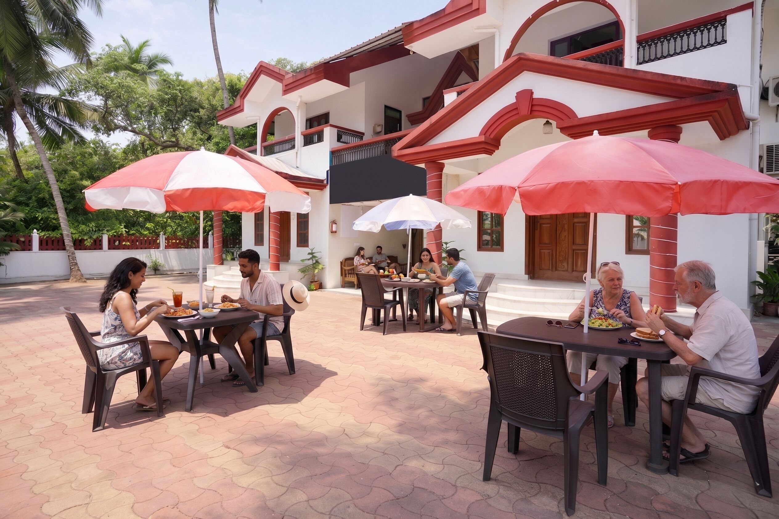 Un patio con asientos al aire libre bajo sombrillas, un edificio de arquitectura roja y blanca, y palmeras al fondo.