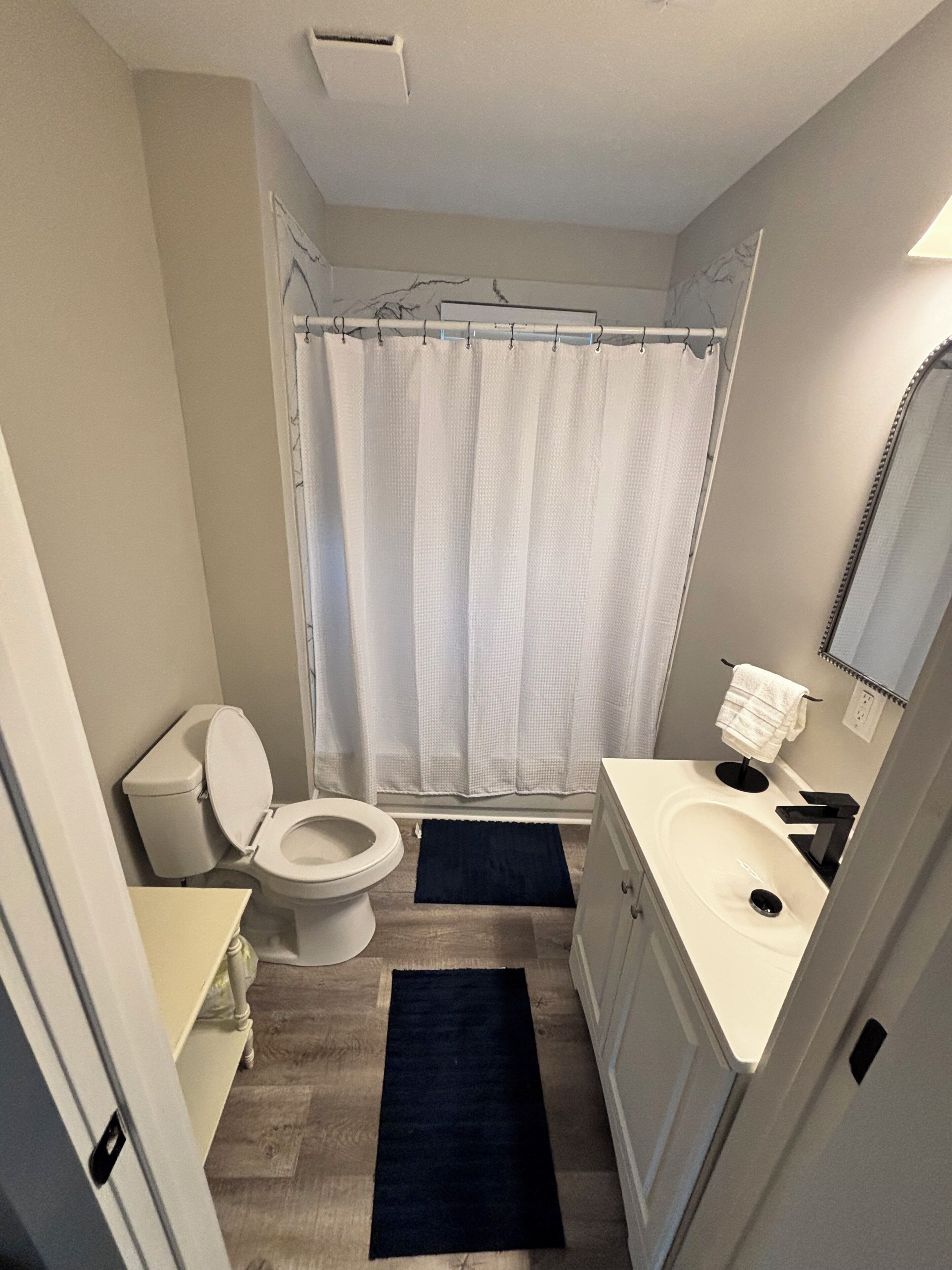 Hair dryer, towels, soap, toilet paper