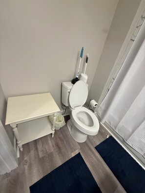 Hair dryer, towels, soap, toilet paper