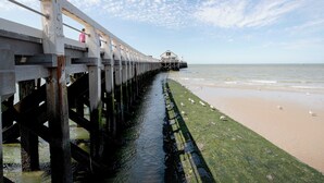 A pier extending into the water with a building at the end, a sandy beach, and a clear sky. - Parkville with parking & terrace by Interhome (Blankenberge)