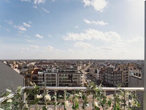 Un paisaje urbano con edificios, cielo despejado y un balcón con plantas.