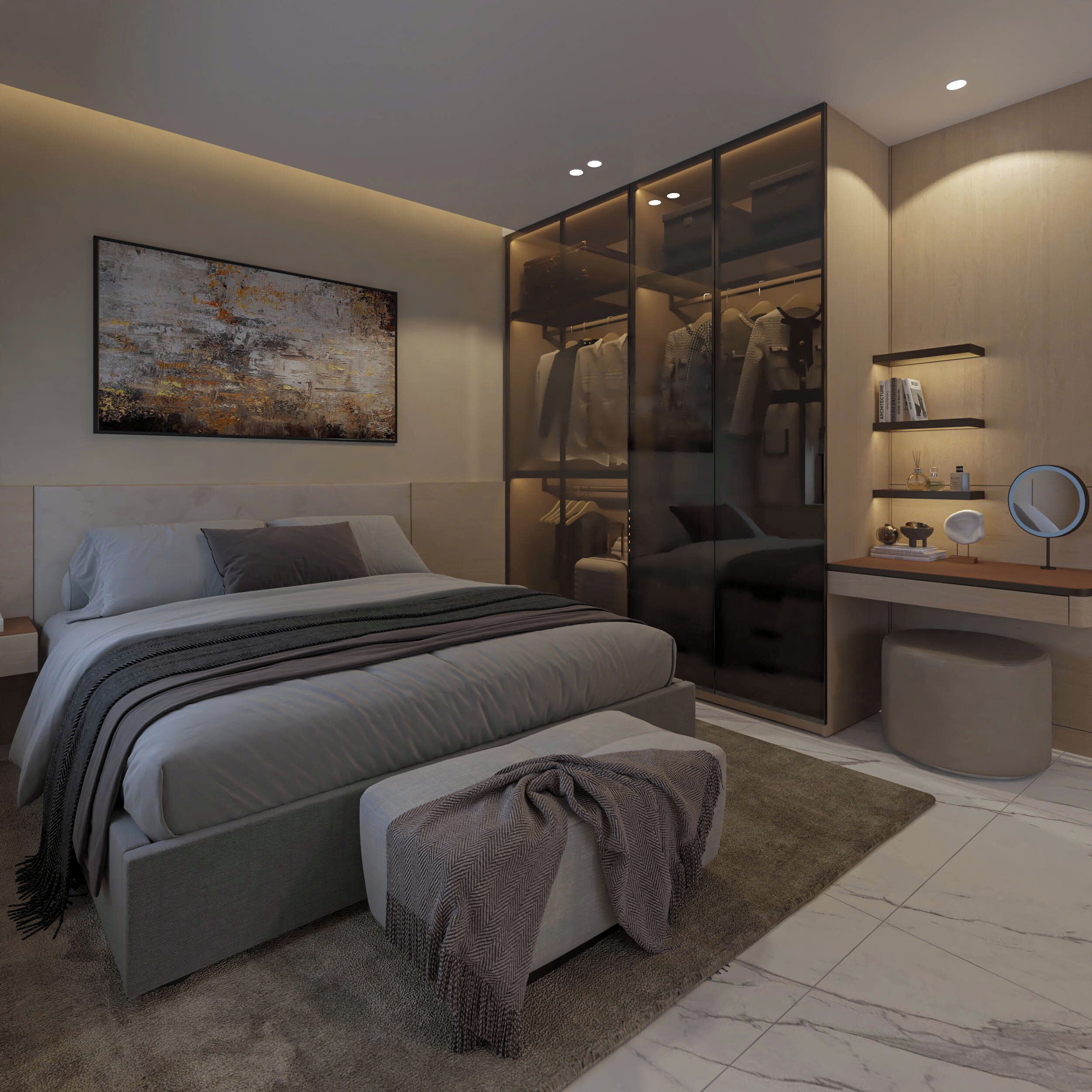 A modern bedroom with a bed, a large closet, a desk with a mirror, and a painting on the wall. - The Five Hotel & Resort Evara - 24 Hours stay (Hanoi)
