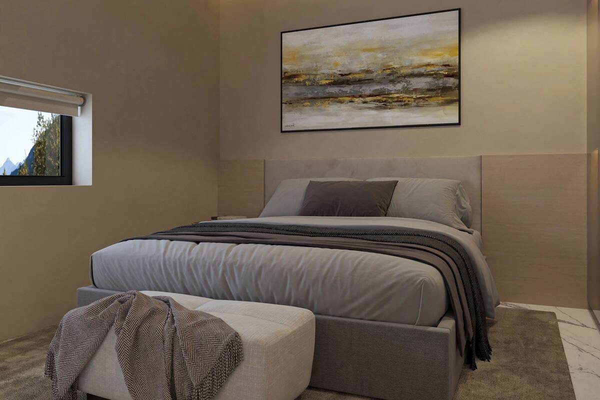 A modern bedroom with a bed, a window, and a painting on the wall.