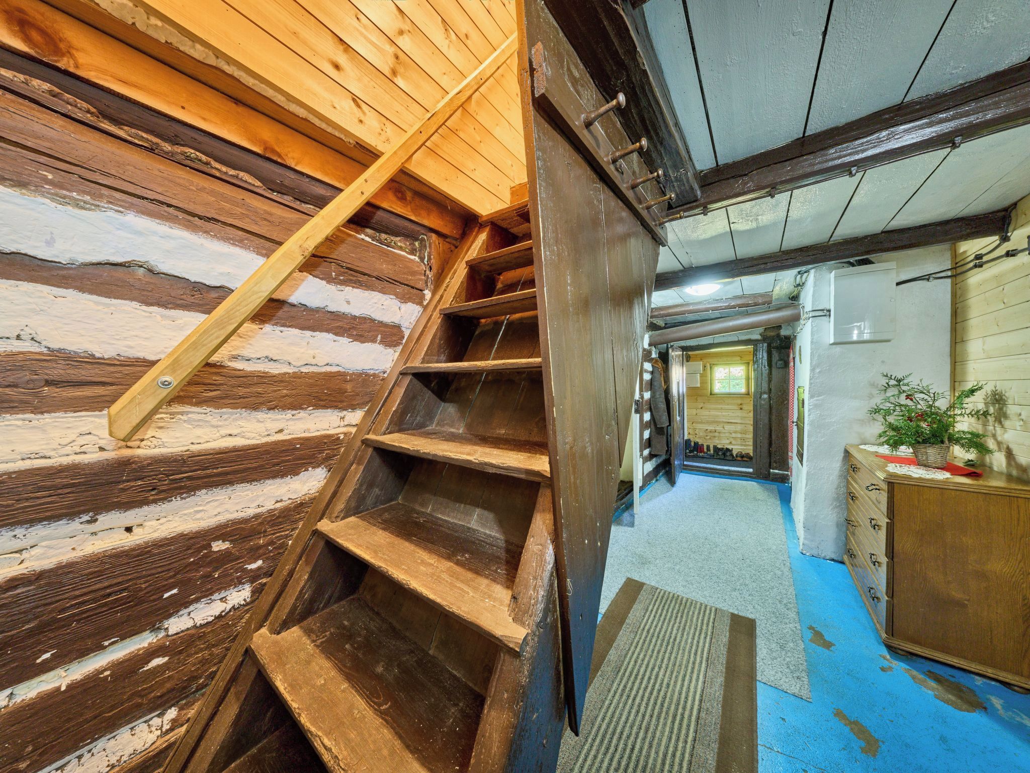 A wooden staircase leading to a lower level, a hallway with a wooden door, and a small plant on a dresser.