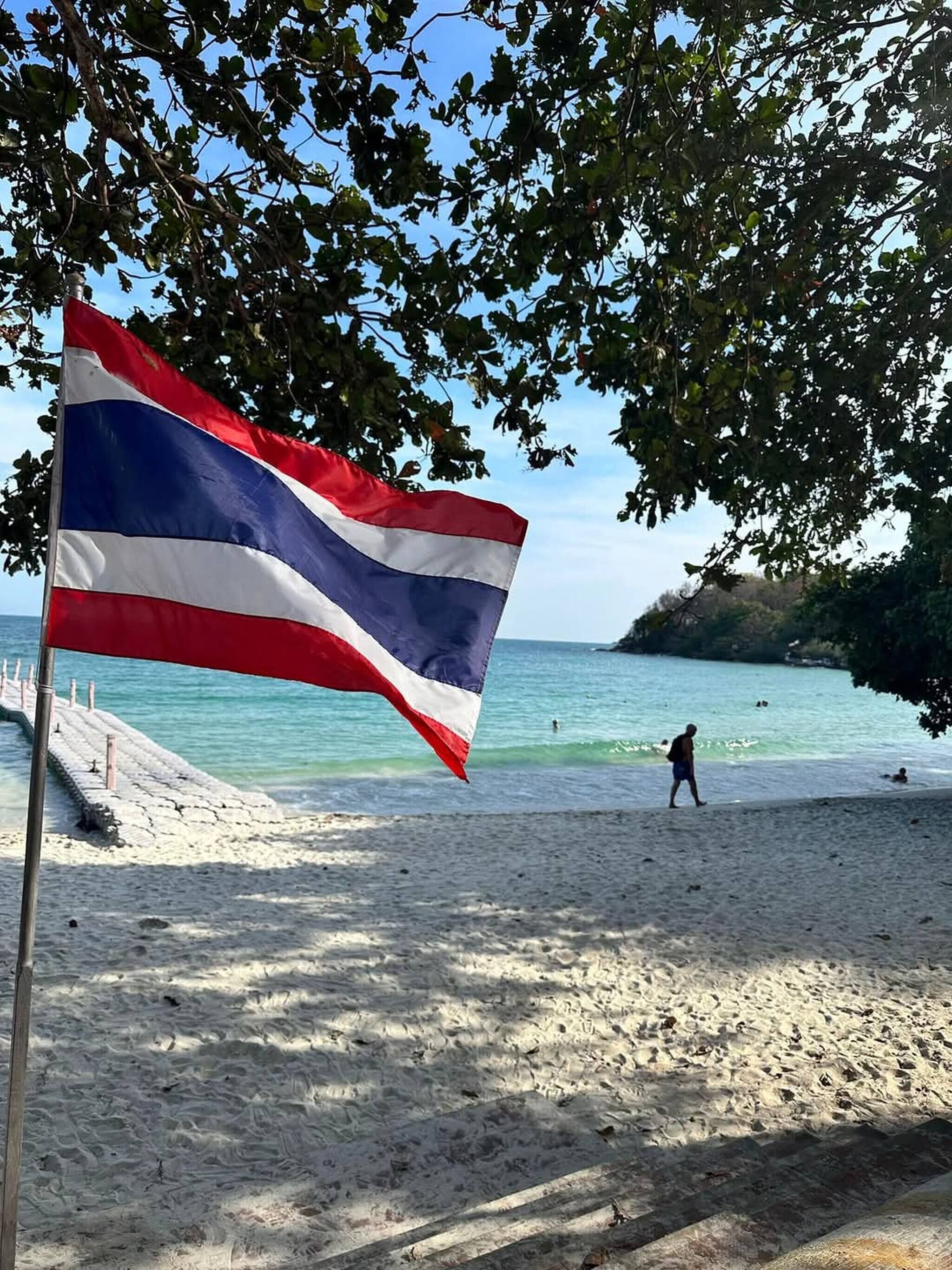 A beach with a flag, a pier, and a person walking.