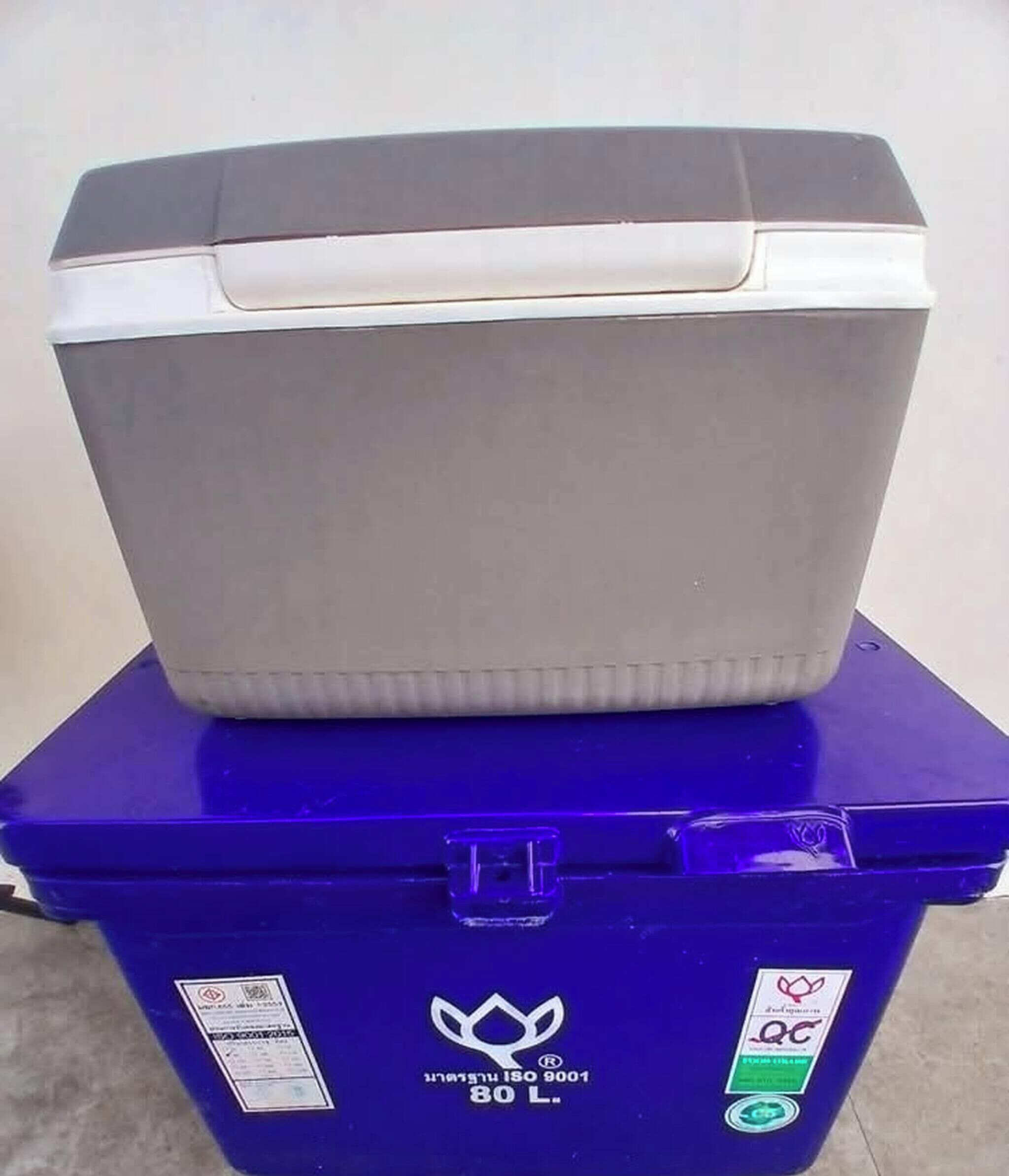 A large grey container with a lid on top of a blue container with a handle.