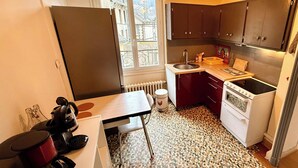 A compact kitchen with a window, a sink, a stove, and a refrigerator. - Le marcassin Le Mont Dore 8pers (Mont-Dore)