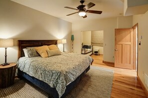 Your Personal Escape - The primary suite balances comfort and elegance so you truly feel at home. - Lakefront A-Frame | Private Pool, Beach & Dock! (Bumpass)