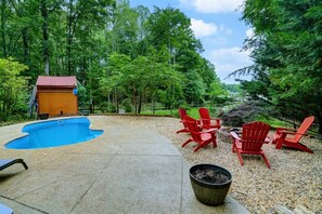 Pool Meets Fire Pit - The best of both worlds, side by side, ready for your group's perfect evening. - Lakefront A-Frame | Private Pool, Beach & Dock! (Bumpass)