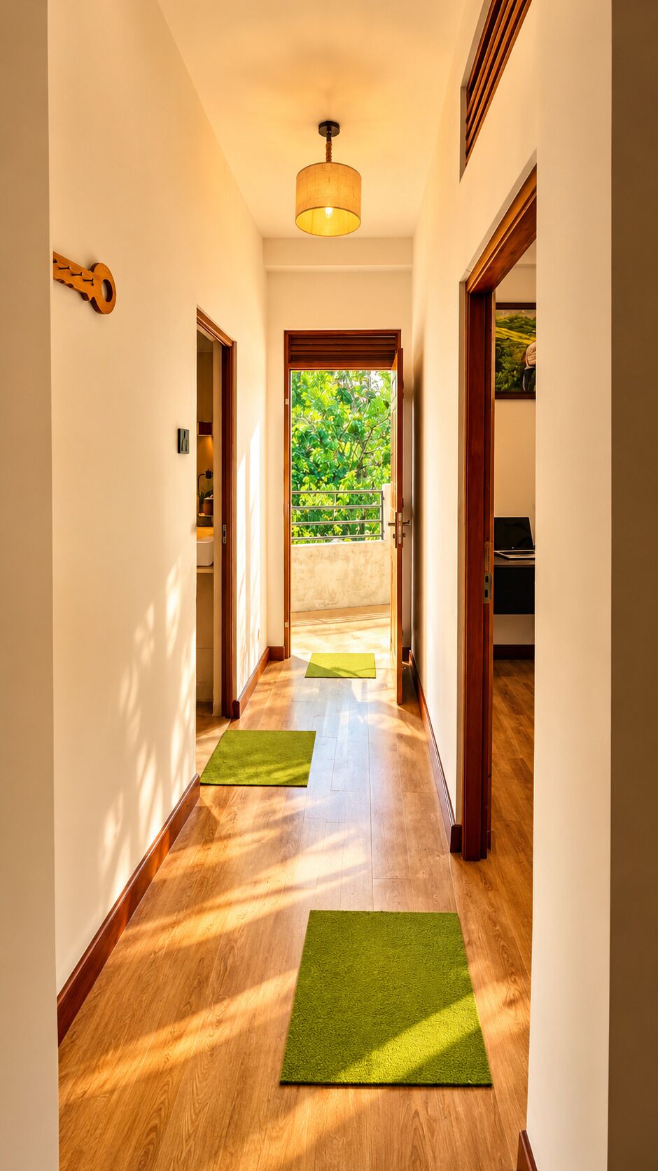 Un pasillo con piso de madera, una alfombra verde, una puerta que da al exterior y un accesorio de iluminación en el techo.