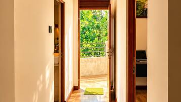 A hallway with wooden flooring, a green mat, a door leading outside, and a ceiling light fixture.