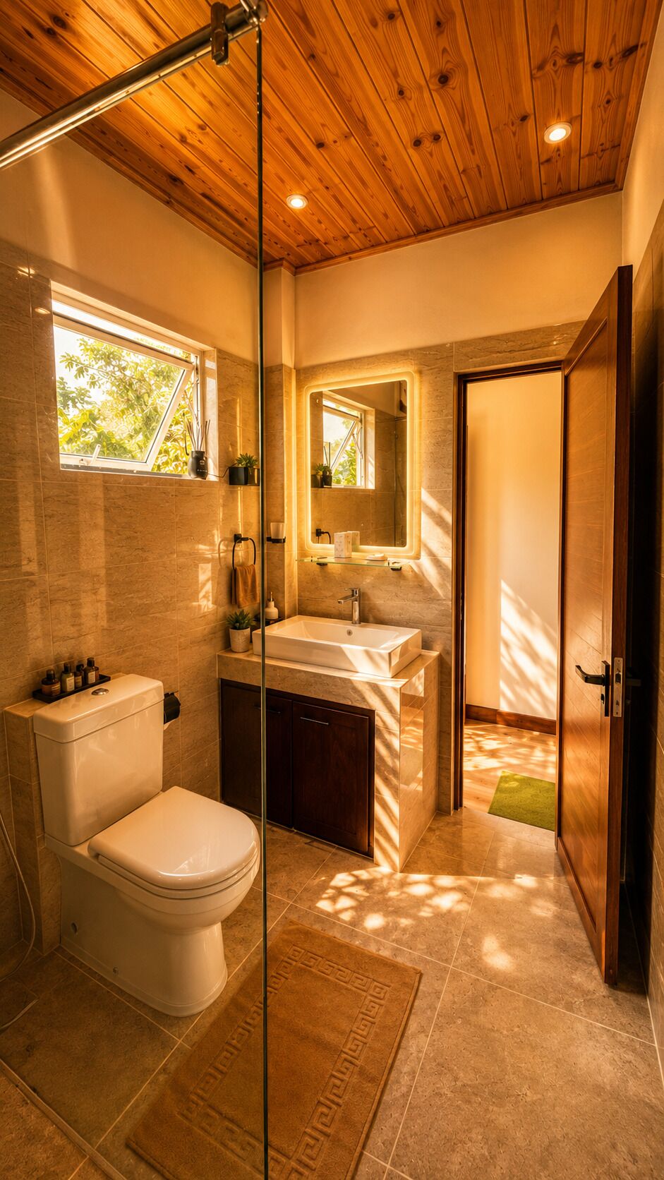 Un baño moderno con techo de madera, cabina de ducha de vidrio, inodoro, lavamanos con espejo y ventana.