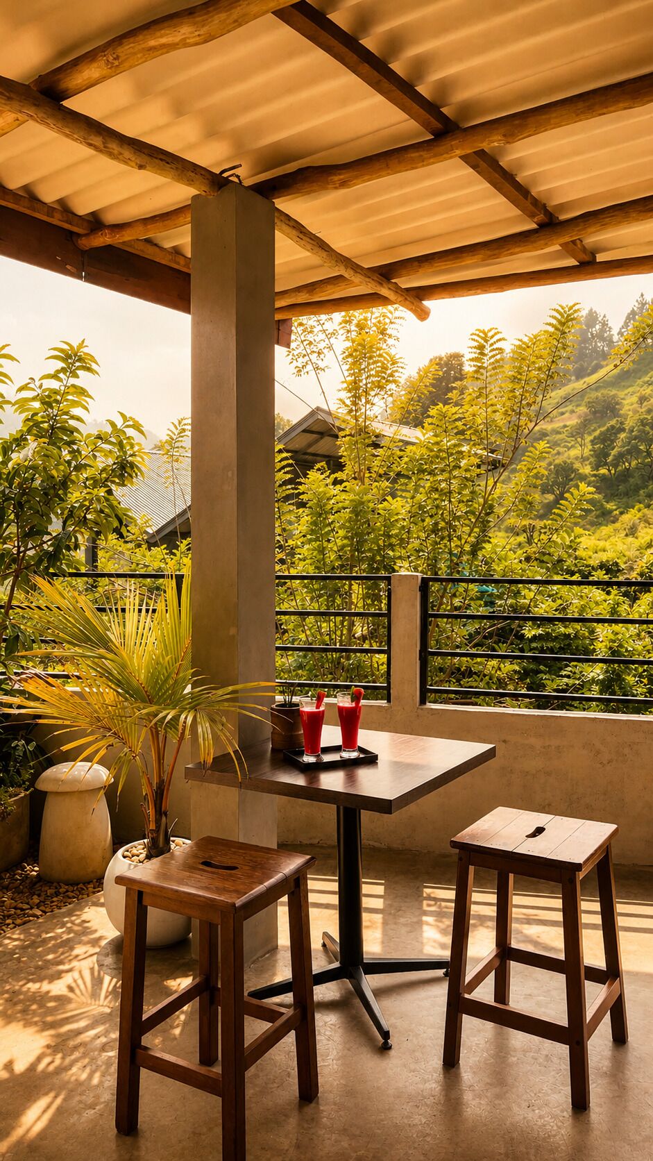 Un área de estar al aire libre con una mesa y dos taburetes, rodeada de vegetación y vistas a las colinas.