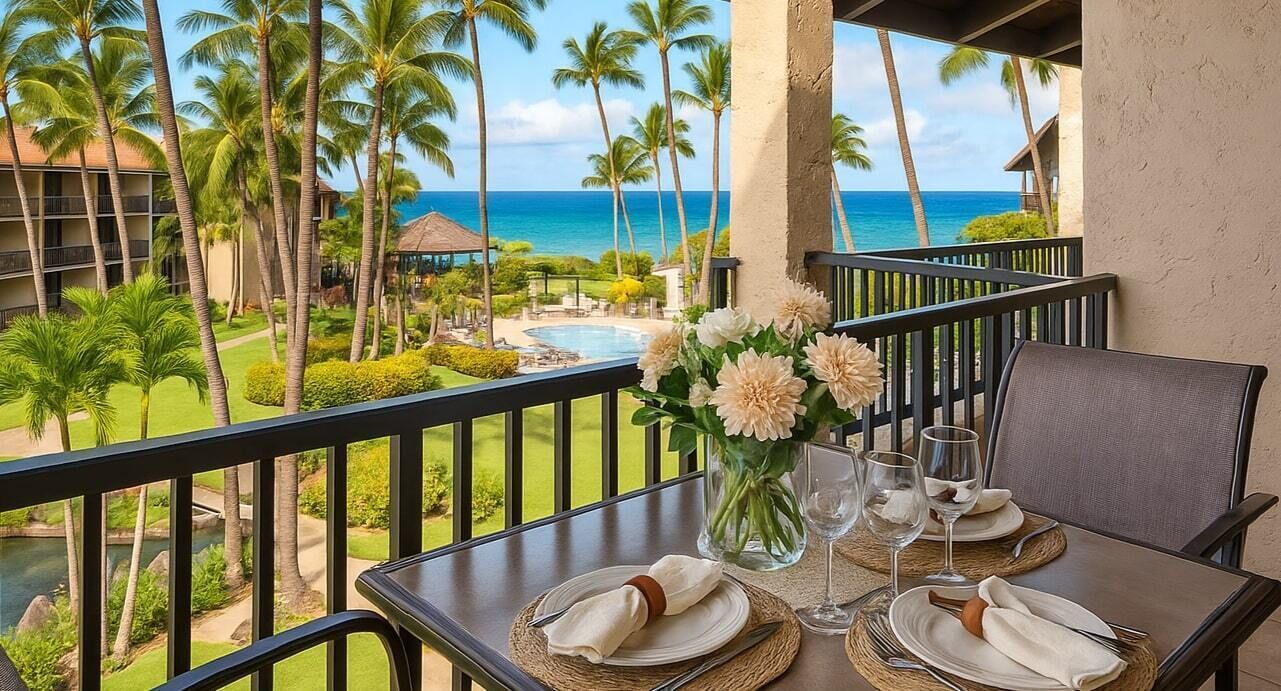 A table set for dining with a view of the ocean and palm trees.