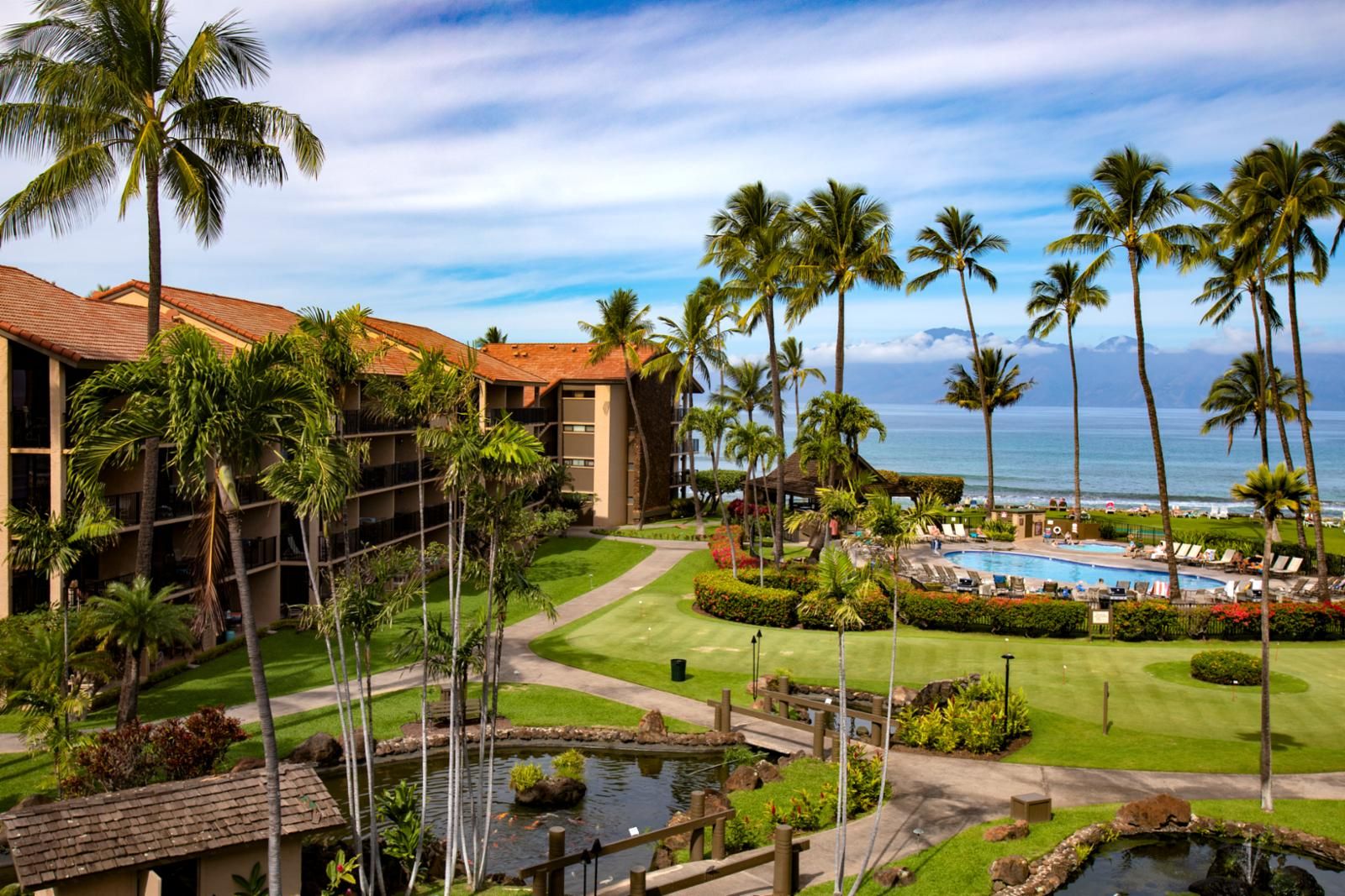 A resort with a pool, palm trees, and a view of the ocean.
