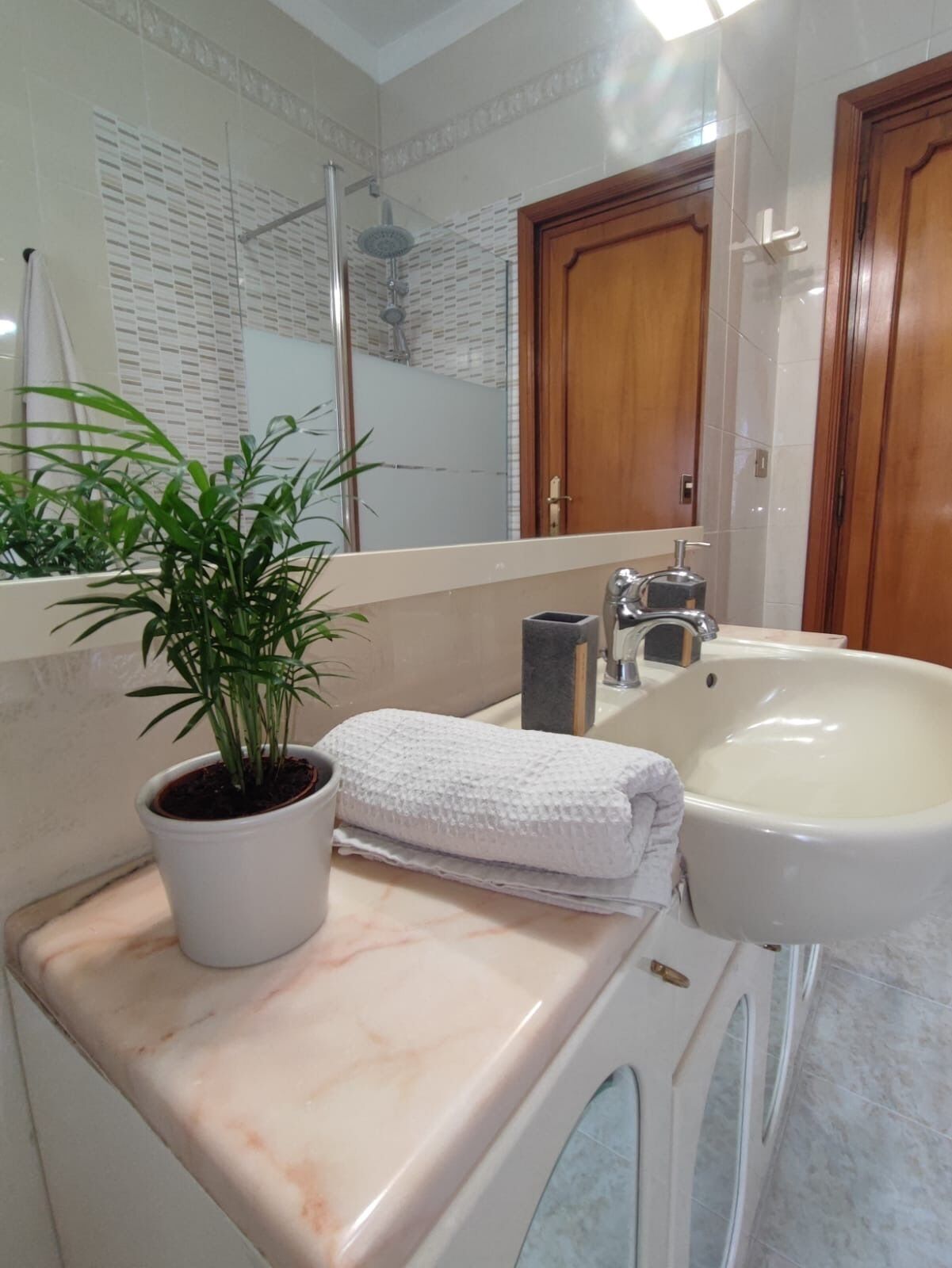 Shower, hair dryer, bidet, towels