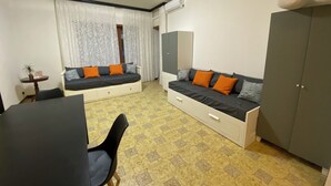 Pieni huone, jossa on kaksi sohvaa, ruokapöytä, pieni pöytä, jossa on kasvi, ja vaatekaappi.