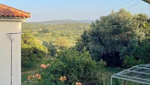 A residential area with a view of green hills, a white building with a red roof, and a metal fence. - Gaea Pylos: Spacious family house near beaches (Pylos Nestoros)