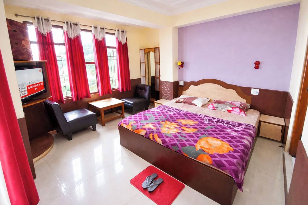 Habitación de hotel con cama, televisión, escritorio, silla, espejo y ventana con cortinas.