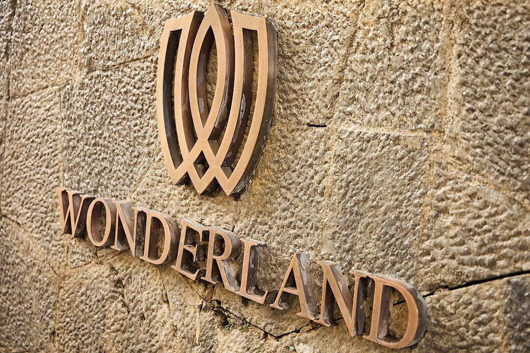 A sign with the word 'WONDERLAND' on a textured stone wall.