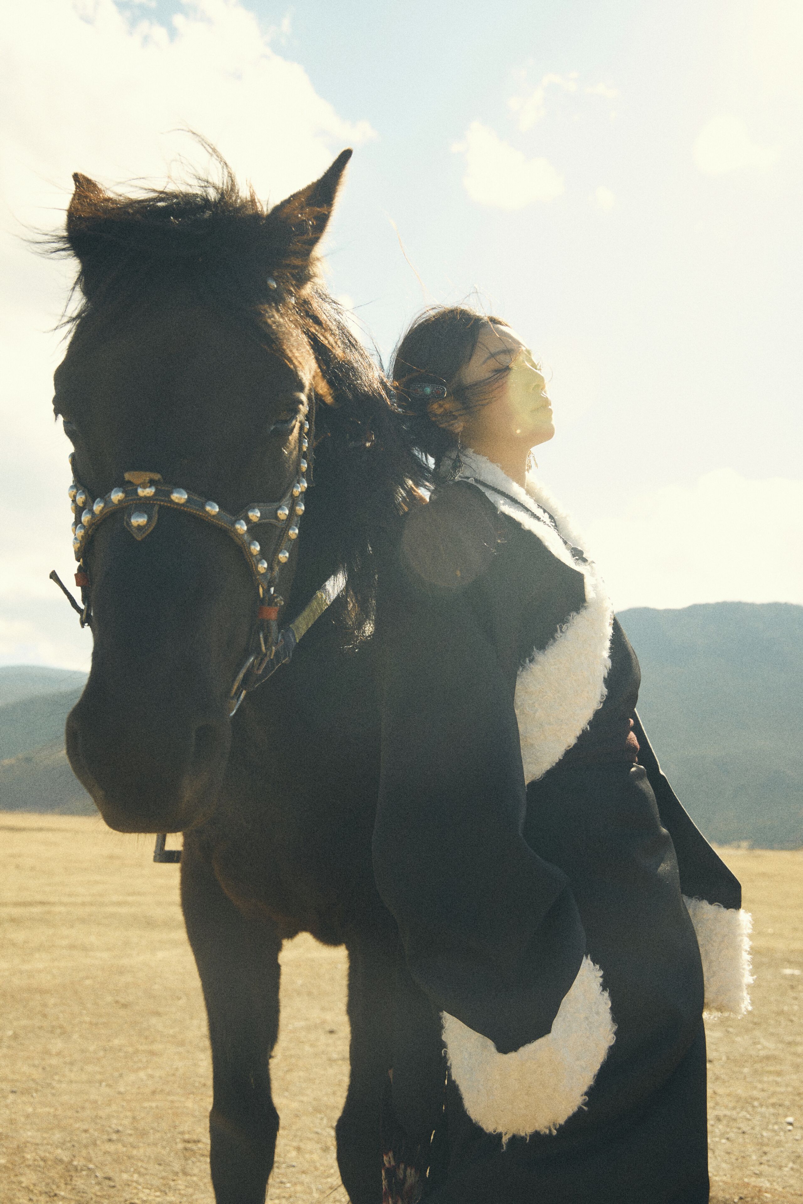 A person with a horse in a field with mountains in the background.